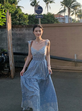 Lienni2025春夏新款高腰显瘦捕梦网蔚蓝海岸刺绣露背长款连衣裙女