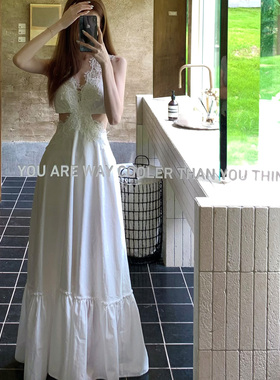 Lienni2025夏季新款气质时髦镂空水溶拼接蕾丝亚麻长款连衣裙女