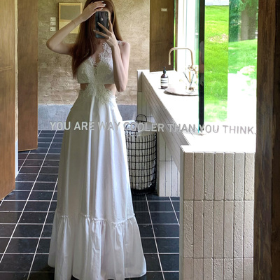 水溶拼接蕾丝亚麻长款连衣裙女