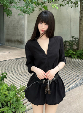 Lienni2025夏季新款气质时髦长袖拉链显瘦衬衫花苞裙摆连衣裙女