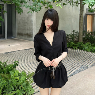 Lienni2025夏季新款气质时髦长袖拉链显瘦衬衫花苞裙摆连衣裙女