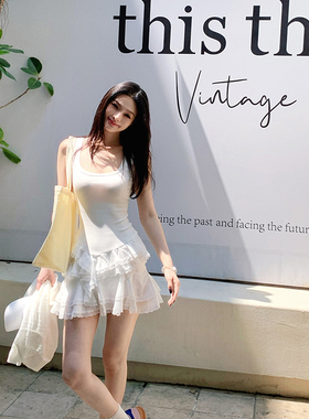 Lienni2025新款春夏显瘦少女拼接蕾丝无袖芭蕾裙摆针织连衣裙女