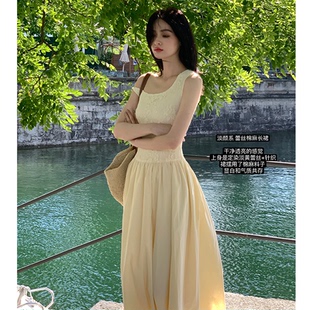 斜肩蕾丝棉麻长款 Lienni淡颜系 镂空无袖 夏季 吊带连衣裙女 新款