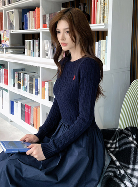 Lienni2025秋冬新款高腰显瘦时髦艺术麻花毛衣拼接长款连衣裙女