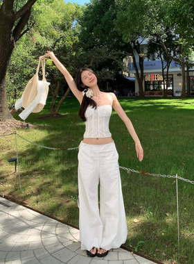 Lienni2025夏季新款百搭吊带上衣女中低腰显瘦亚麻花苞长裤套装
