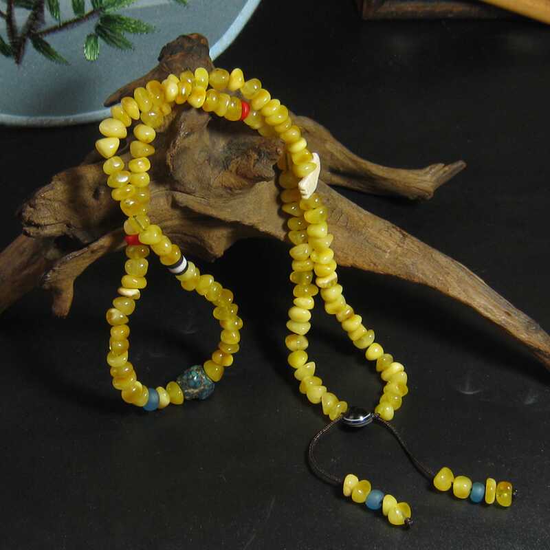 鸡油黄蜜蜡多圈链天然蜜蜡配古珠