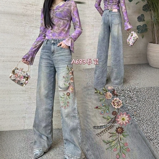 超然牛仔裤2025春装新款欧货重工刺绣花绣饰时尚个性直筒阔脚裤