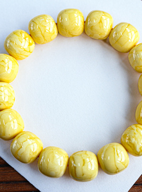 同料 14mm焦皮料同料老型手串，蛋黄色蜡质饱满  重：26.98克