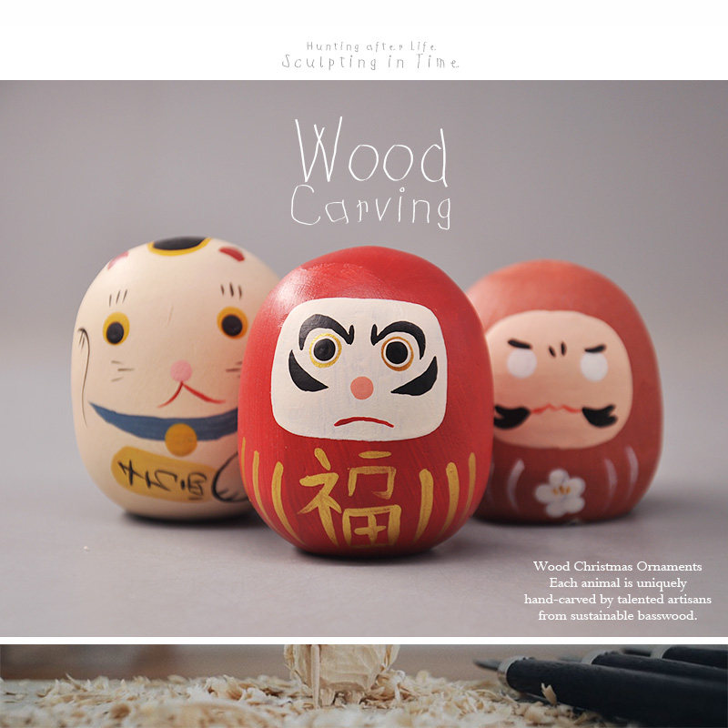 日本正版散货 达摩祈福招财猫福运不倒翁手办 手工木雕纯实木收藏
