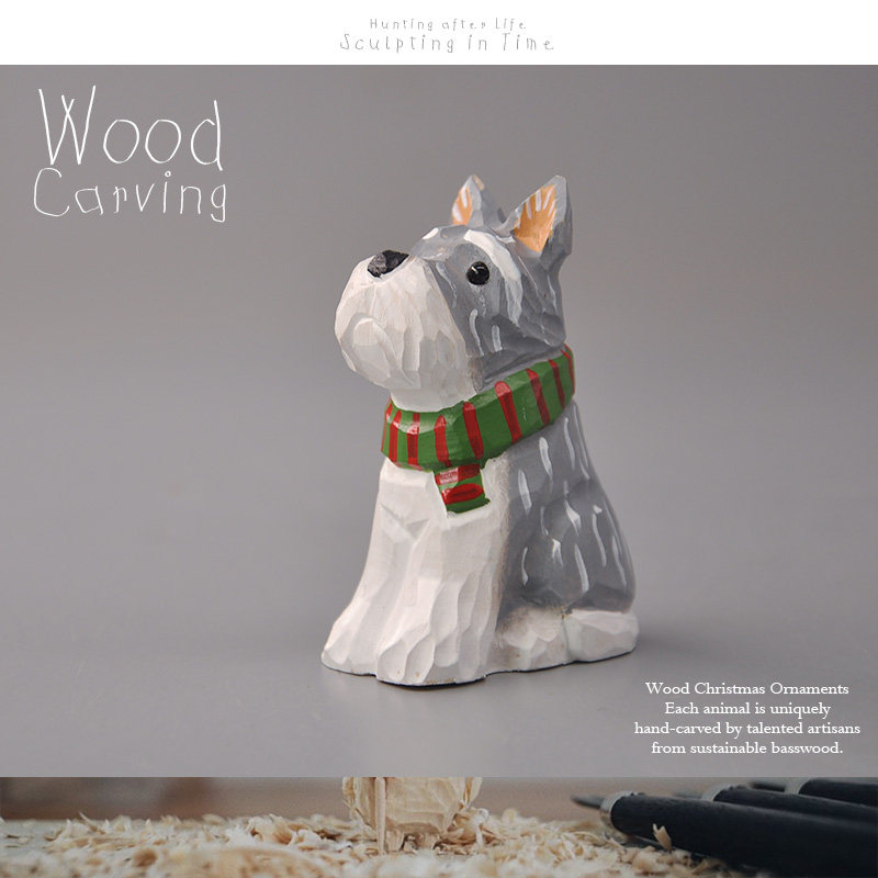 外贸出口木雕 宠物动物模型雪纳瑞可爱小狗 大师手工雕刻实木收藏