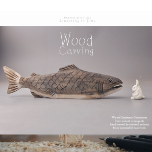 外贸出口木雕 动物模型大鲤鱼鳟鱼钓鱼佬 手工雕刻实木摆件收藏