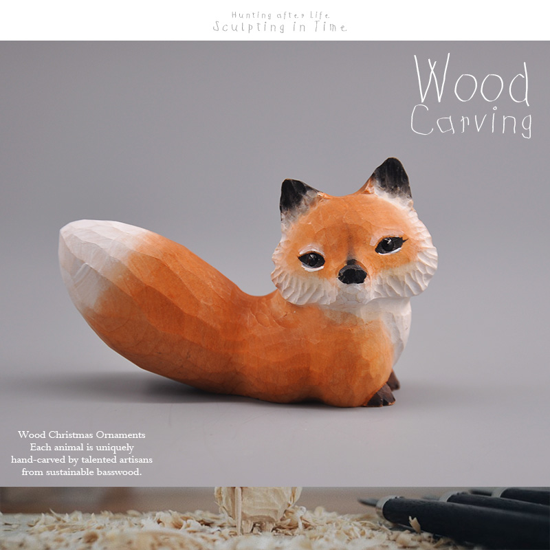 外贸出口木雕 可爱小狐狸Q版动物模型 大师手工雕刻实木收藏