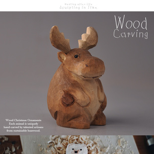 外贸出口木雕 圆滚滚麋鹿棕熊 手工雕刻实木摆件收藏