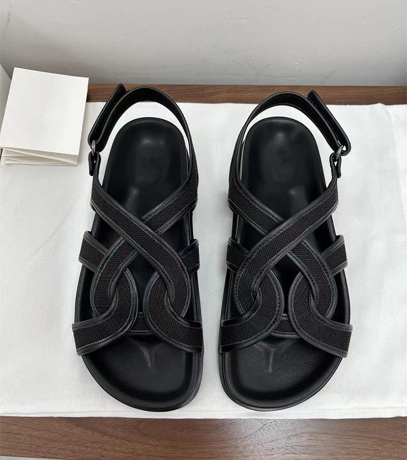 休闲平底凉鞋女黑色羊皮拼亚麻帆布复古罗马鞋手工真皮编织沙滩鞋