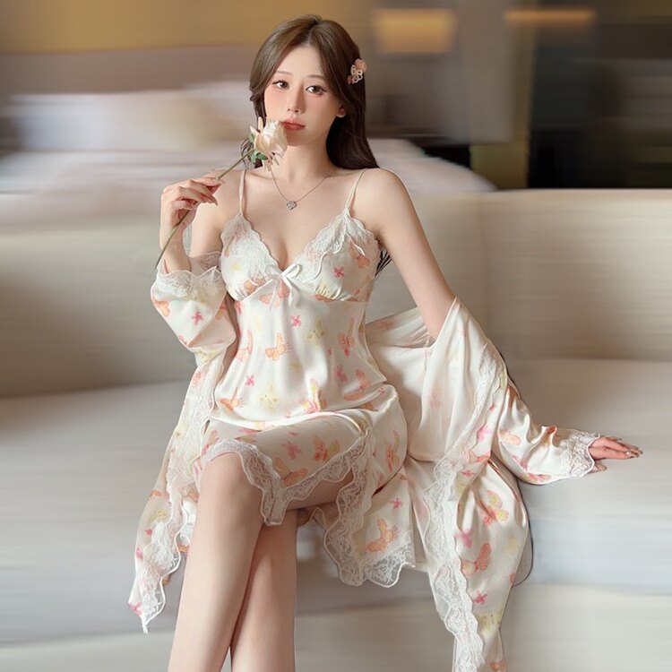 性感冰丝吊带睡裙带胸垫两件套女春夏季纯欲薄款外搭情趣睡衣套装
