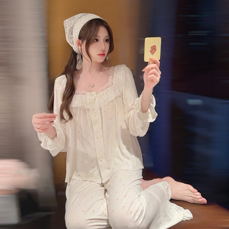 甜美碎花长袖薄睡衣女春装莫代尔棉套装性感蕾丝花边可外穿家居服