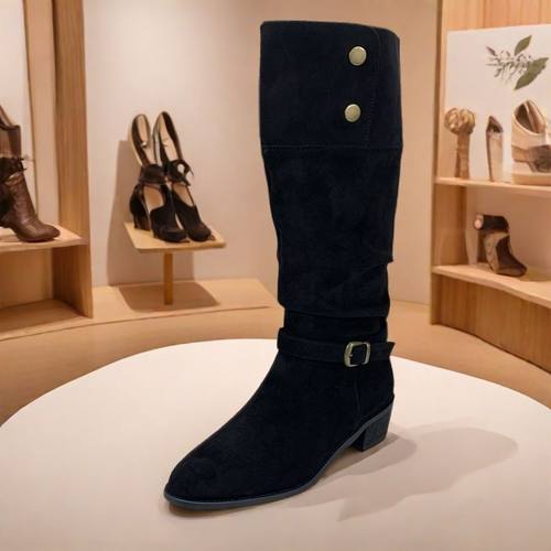 皮带扣高筒西部靴女2025秋冬新款加绒保暖长靴复古风粗跟不过膝靴