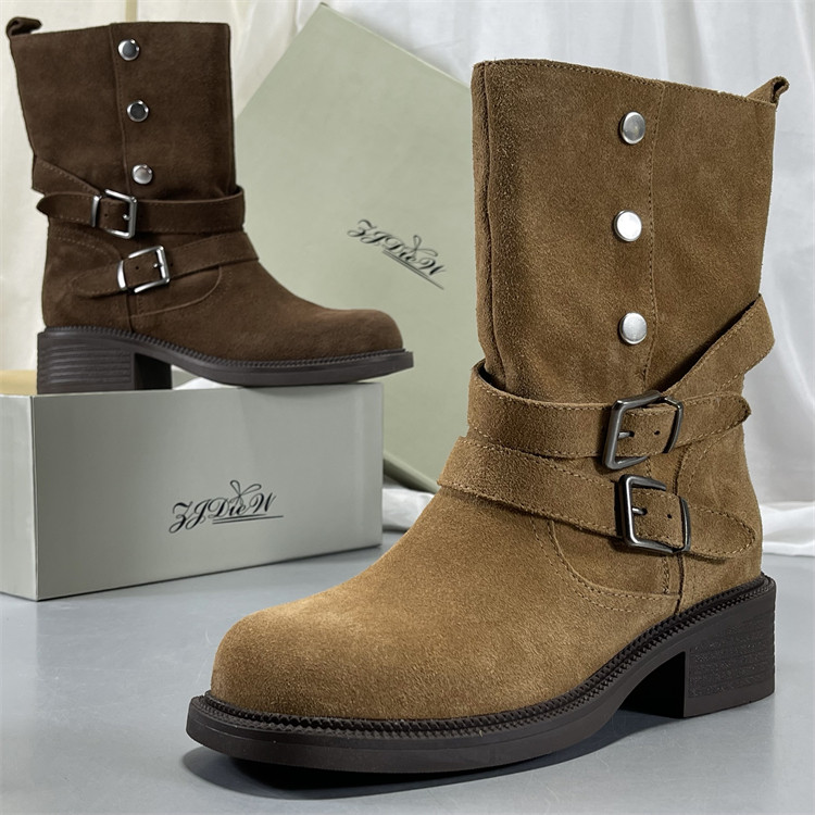 专柜正品头层牛皮中筒靴女2025秋冬复古厚底骑士靴百搭休闲马丁靴