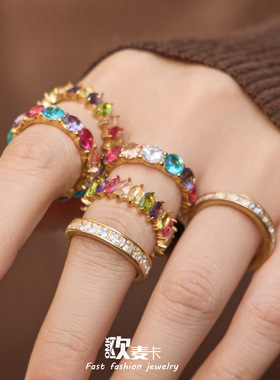 奢华满锆环形不锈钢戒指组合镀18k真金欧美排钻时尚尾戒新款批发