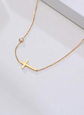 不掉色钛钢欧美风小众大小锆石十字架项链简约闪亮职场锁骨链批发