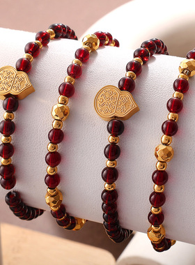 欧美跨境红运手链酒红珠串国风福韵招财显白日常百搭轻奢手串