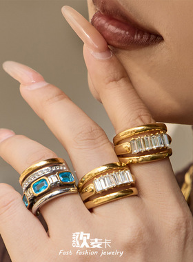 中古风轻奢不锈钢镶玻璃石环形戒指组合高质感排钻设计指环不掉色