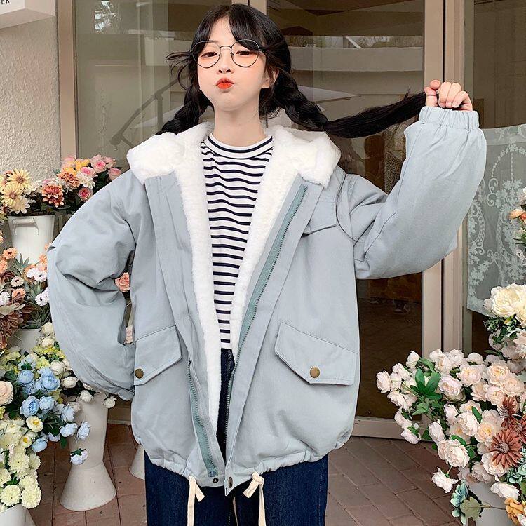 15工装棉服女孩冬季中学生小个子连帽外套羊羔毛加绒加厚棉衣13岁