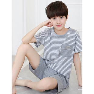 全棉纯棉青少年睡衣男孩12岁短袖15初中学生男童中大童夏天薄款家