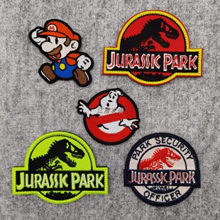 马里奥棒球服胸章Mario臂章捉鬼敢死队徽章Jurassic刺绣魔术贴章