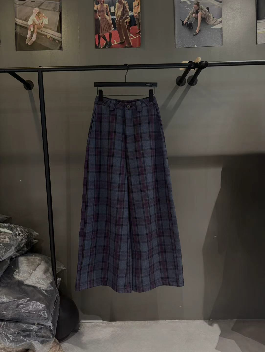 十三行复古格纹休闲裤宽松显瘦直筒拖地阔腿毛呢格子裤女秋冬潮