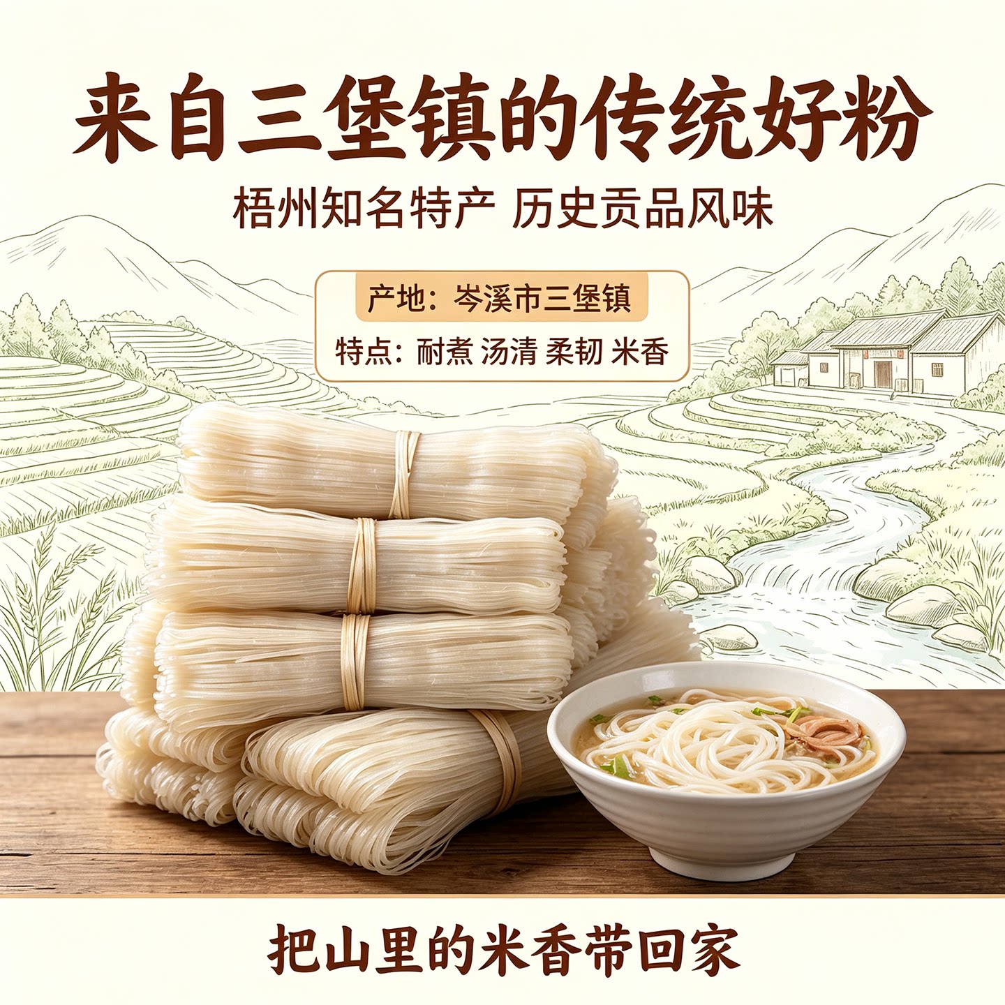 广西梧州特产岑溪糯垌三堡米粉米线纯手工石磨纯大米制作煮粉炒粉