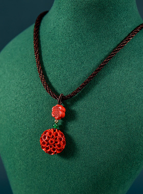 忆奴娇925银朱砂花朵吊坠复古