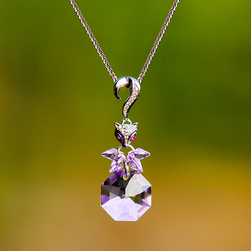 忆奴娇胡夏原创设计感银饰品紫色水晶项链小狐狸吊坠短款锁骨链