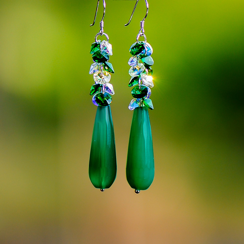 半生缘银饰品玛瑙水晶绿色耳环