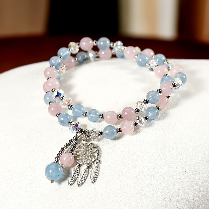 蓝色天琴座天然海蓝宝粉晶手串S925银饰品多圈手链女优雅复古手镯