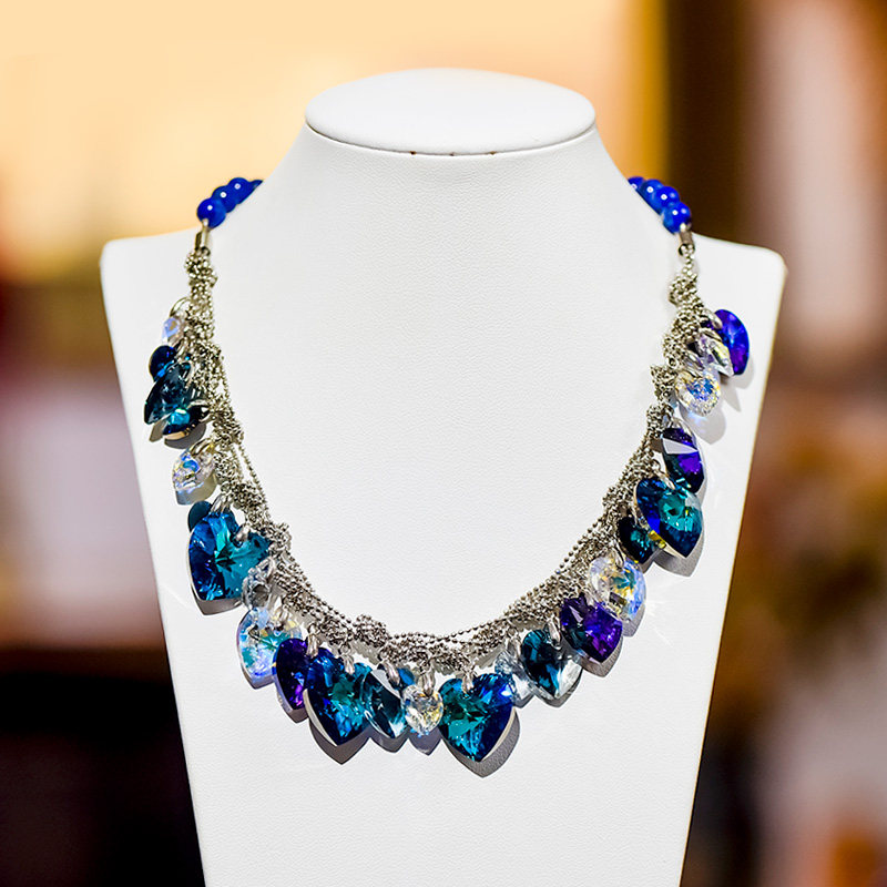 深蓝设计感多层水晶项链海洋之心锁骨链轻奢气质套链晚礼服配饰