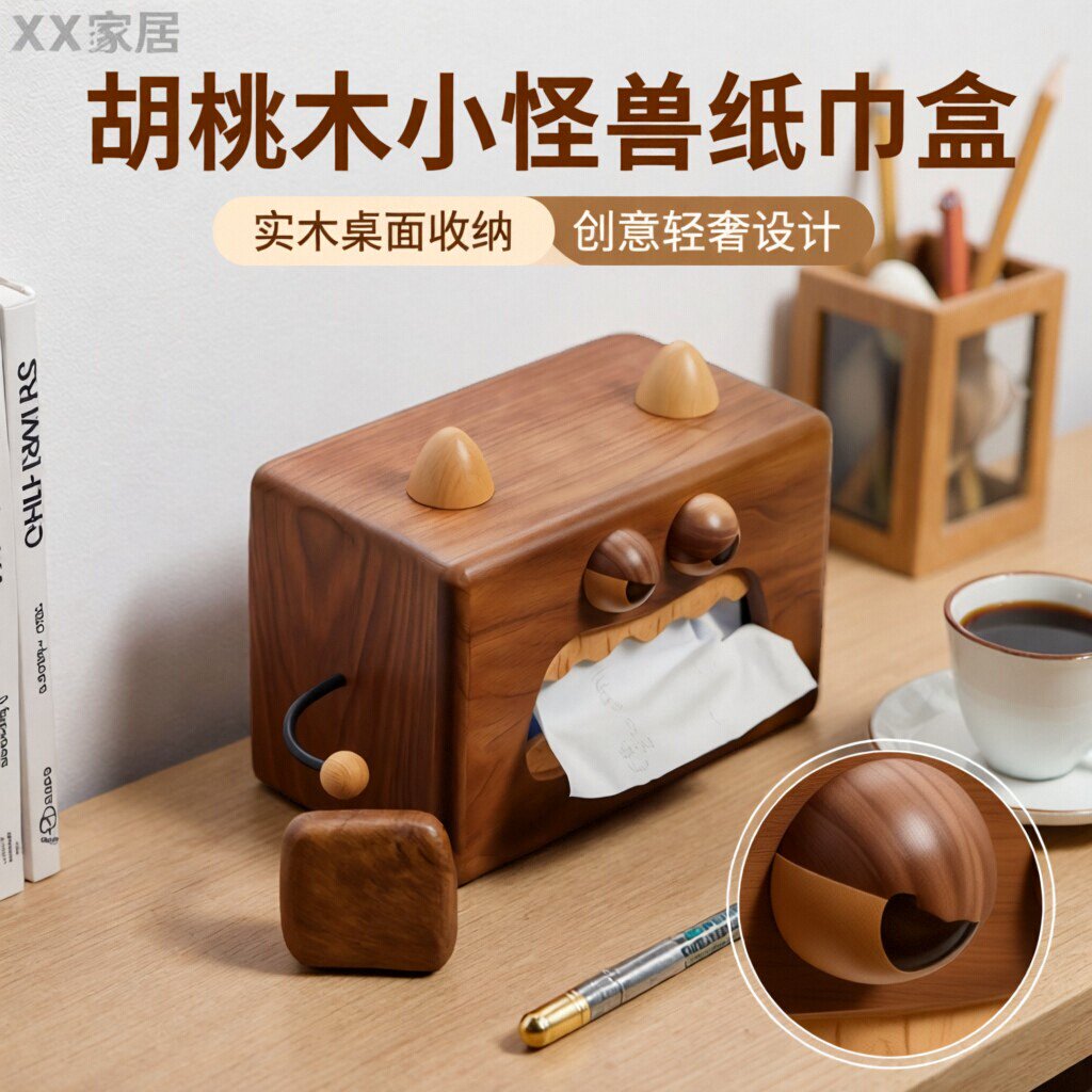 实木胡桃木小怪兽纸巾盒桌面可爱木制餐巾纸收纳盒创意轻奢侧抽式