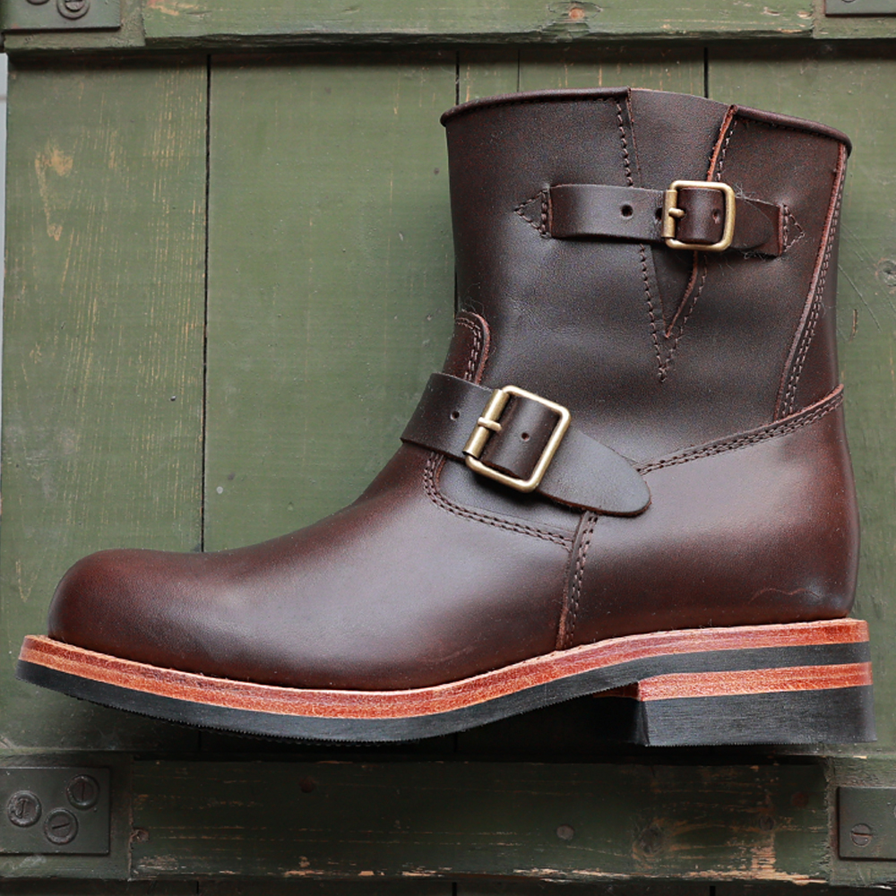 棕色工程师靴手工固特异马丁靴男