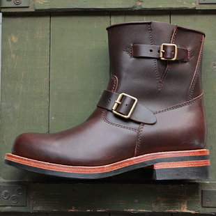 手工固特异真皮工程师靴美式复古棕色中筒机车靴马丁靴骑士皮靴秋