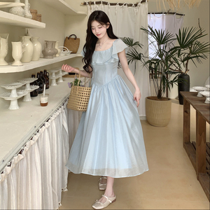现货新款 蓝色温柔韩系仙女连衣裙荷叶边收腰长裙159-776P125K188图片