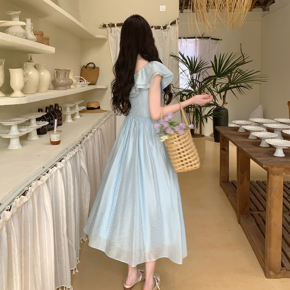 现货新款蓝色温柔韩系仙女连衣裙荷叶边收腰长裙159-776P125K188,女装连衣裙,浙宝159