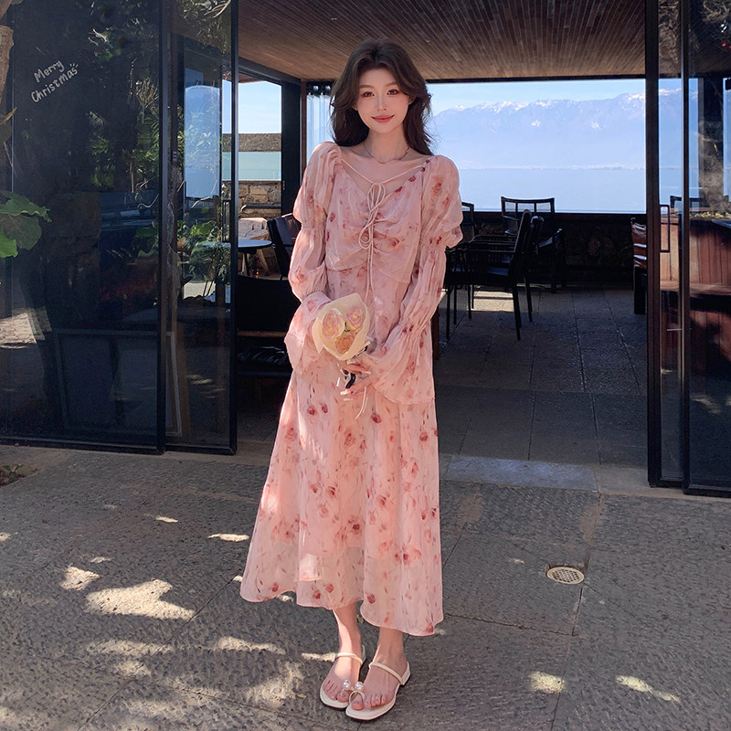 2025新款春季法式浪漫度假风粉色碎花连衣裙时尚甜美清新长袖裙子，女装连衣裙，浙宝159