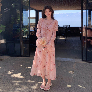 2025新款春季法式浪漫度假风粉色碎花连衣裙时尚甜美清新长袖裙子，女装连衣裙，浙宝159
