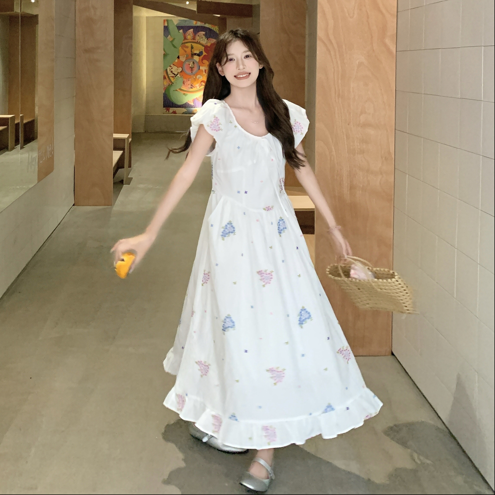 温柔风白色显瘦刺绣工艺甜美修身泡泡袖连衣裙女夏季收腰显瘦长裙，商品下架区商品下架区，浙宝159