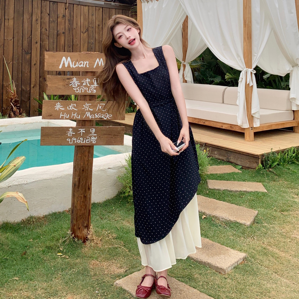 韩系小个子优雅宽松波点拼接连衣裙设计感女赫本风长裙(送腰带），商品下架区商品下架区，浙宝159