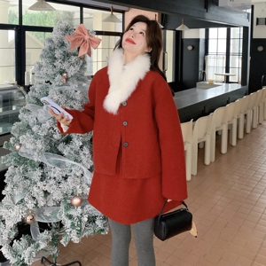 新款！红色毛呢羽绒服两件套配毛领套装159-566P285K428,胖穿搭女夏季裙子图片
