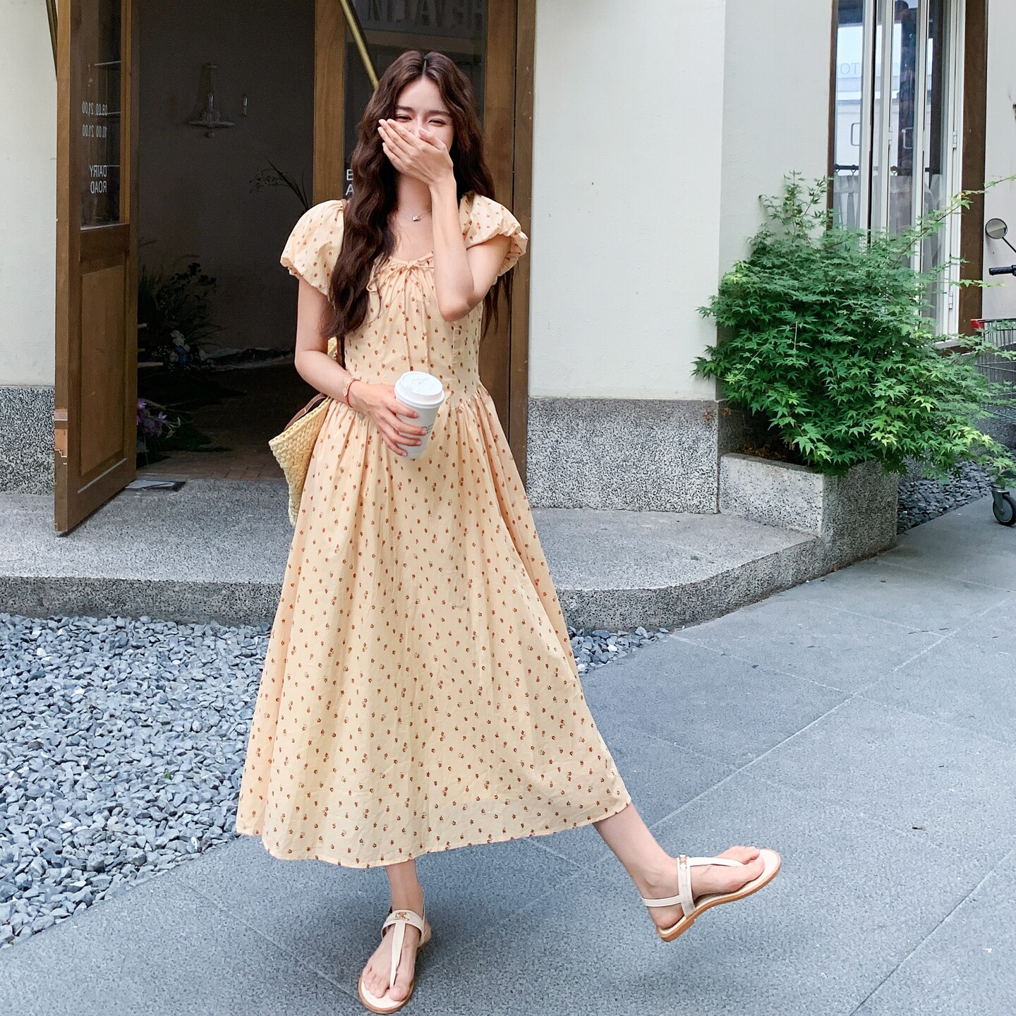 主推大量现货！纯棉碎花黄色法式长款连衣裙159-798P135K198，女装连衣裙，浙宝159