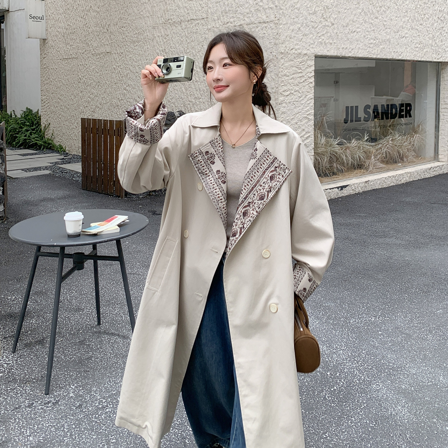 新款2026春装米白色宽松风衣长款159-2602P185K298,女装风衣,浙宝159
