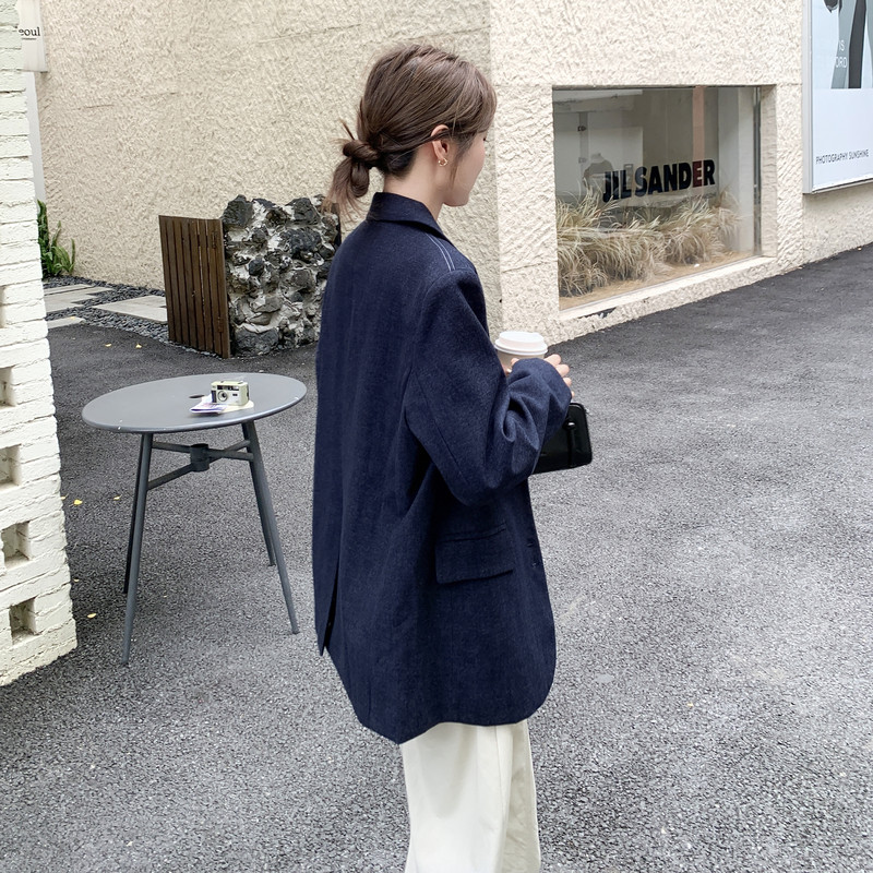 新款！韩版宽松垫肩藏青色西装外套159-511P145K218,女装西装,浙宝159