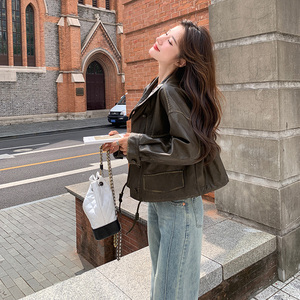 美式复古风咖色短款机车外套女春秋2025超火好看港风PU皮夹克上衣图片